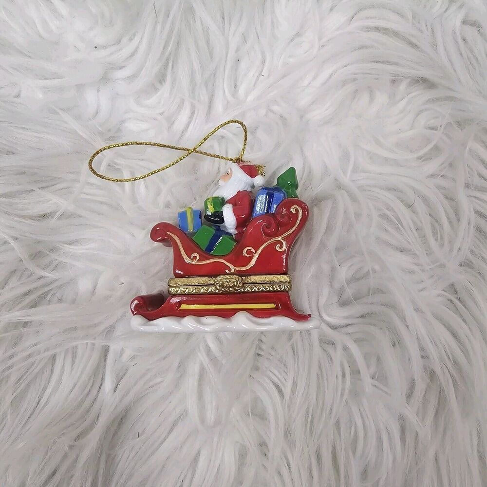 Vintage Porcelain Christmas Santa in Sleigh Hinged Trinket Box Ornament